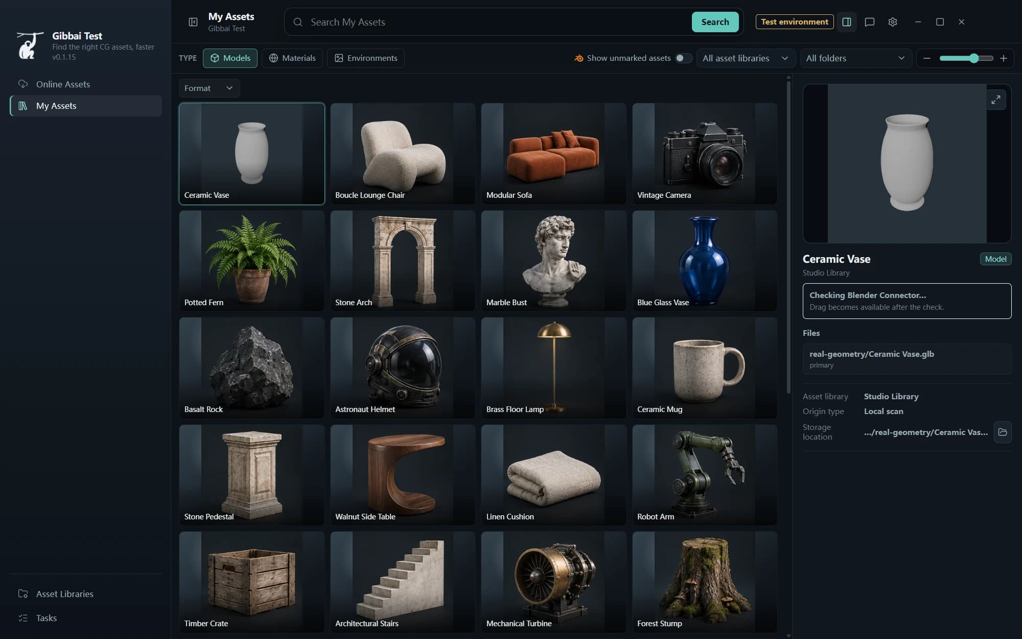 Actual Gibbai client with a full model asset grid and inspector
