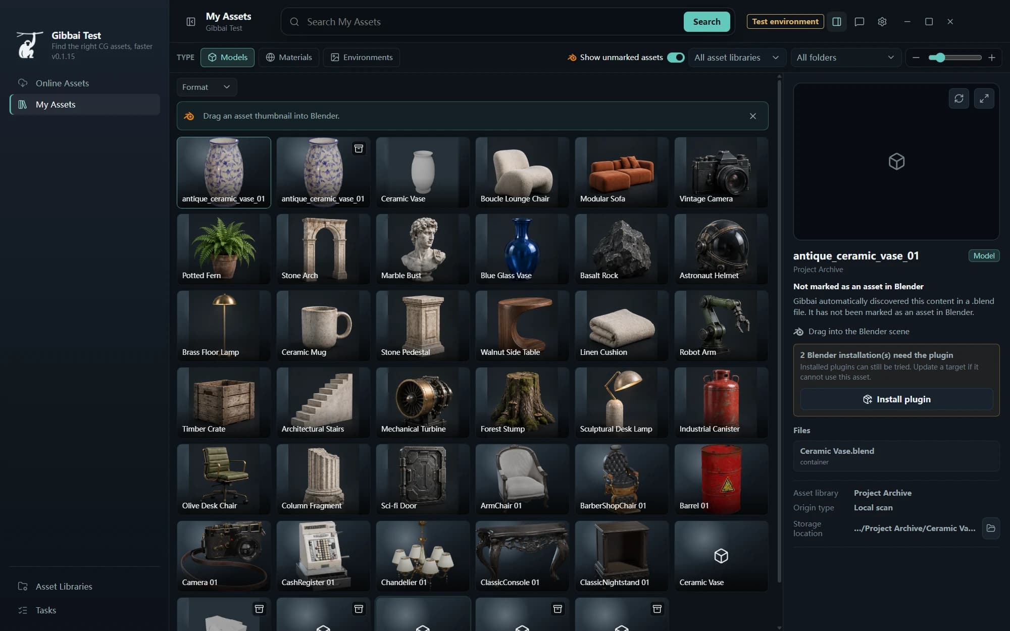 Actual client showing unmarked assets discovered in a Blender file