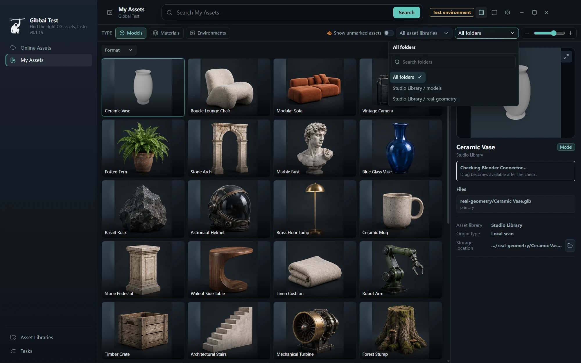 Local asset search and folder filters · client screenshot
