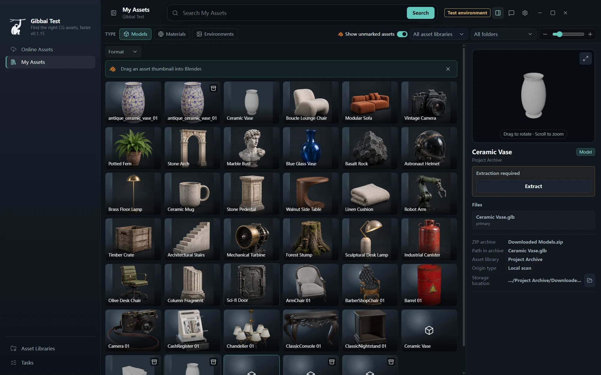 Actual client showing ZIP assets and the extraction action